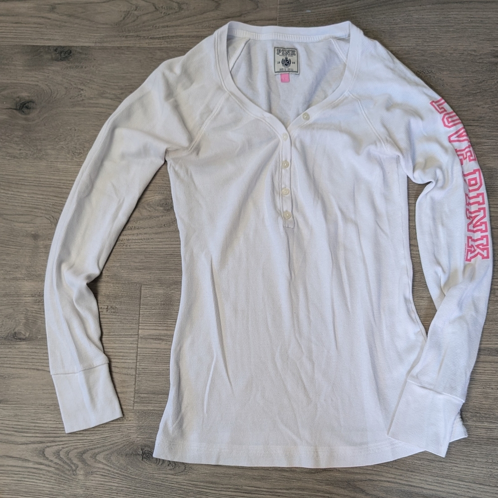 PINK Victoria's Secret White Waffle Henley Top with Pink Tag